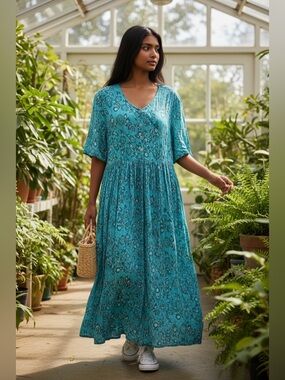 Vintage Honors Cotton Teal Crinkle Floral Button Midi Dress XL